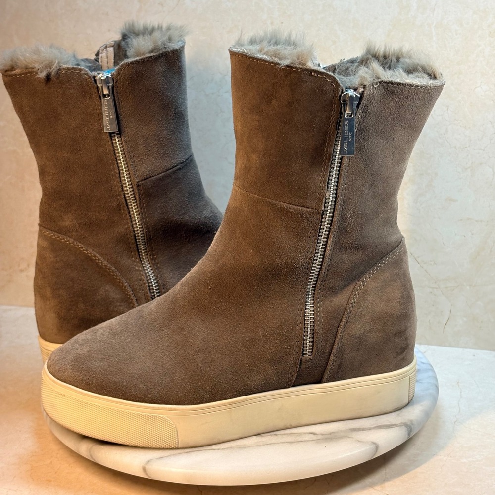 J Slides NYC Winnie Taupe Suede Fur Lined Wedge Heel‎ Boots Women Size 8M Winter